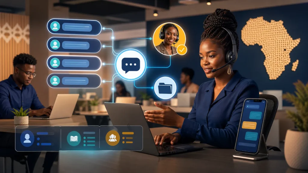 African customer-service team supervising an AI chatbot with knowledge sources and human handoff
