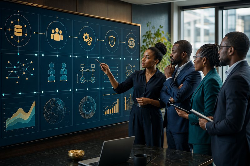 African SME leadership team assessing AI readiness across data people process and technology