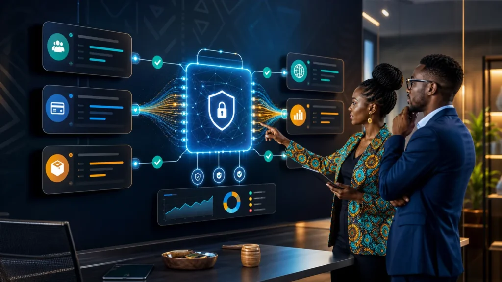 African business and technical teams connecting CRM, payment, inventory and reporting systems through APIs