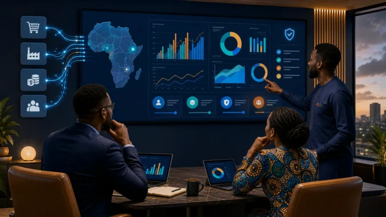 African SME leadership team reviewing a business intelligence dashboard fed by reliable sales and operations data