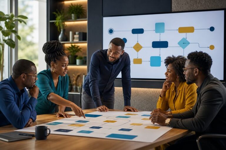 African operations team mapping a business process with cards and a digital workflow diagram