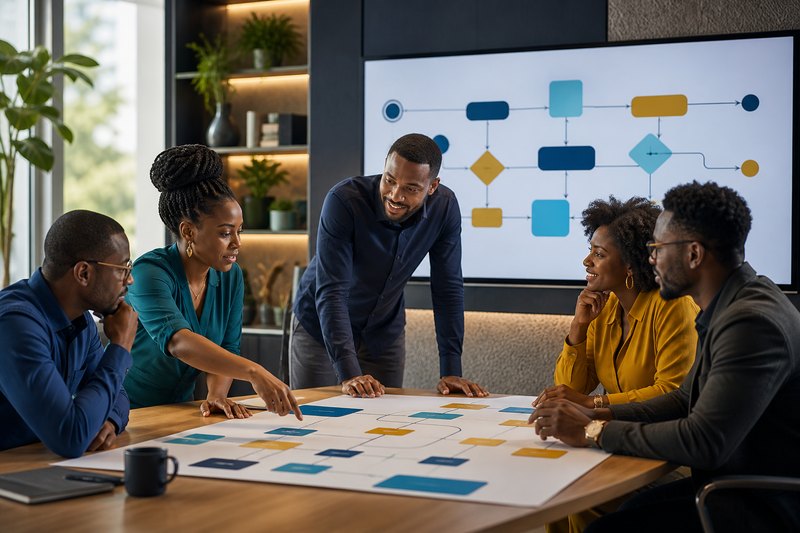African operations team mapping a business process with cards and a digital workflow diagram