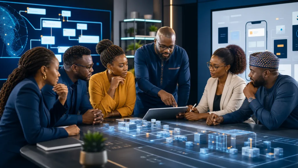 African business leaders and software specialists evaluating product strategy, architecture and delivery together