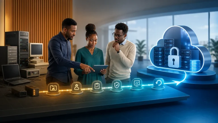 African small-business team planning a staged migration of applications and data to secure cloud systems