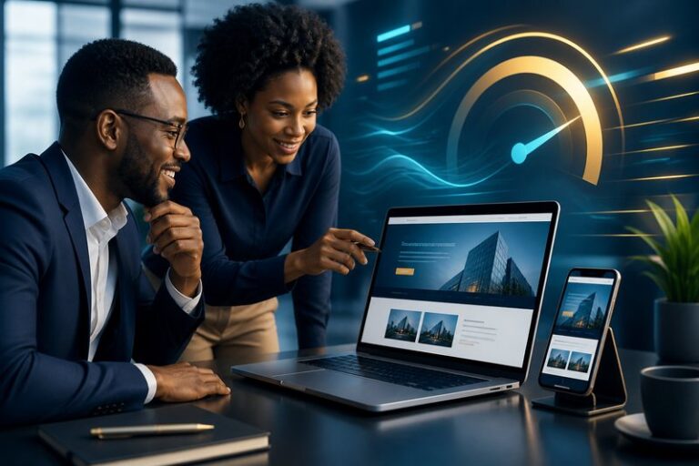 African business leaders reviewing website performance on a laptop and phone