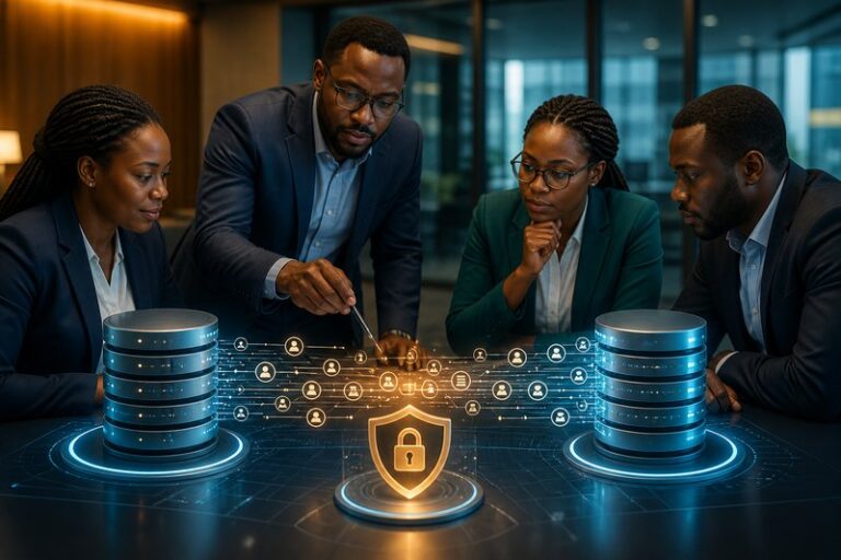 Business team reviewing a secure CRM data migration between two customer databases