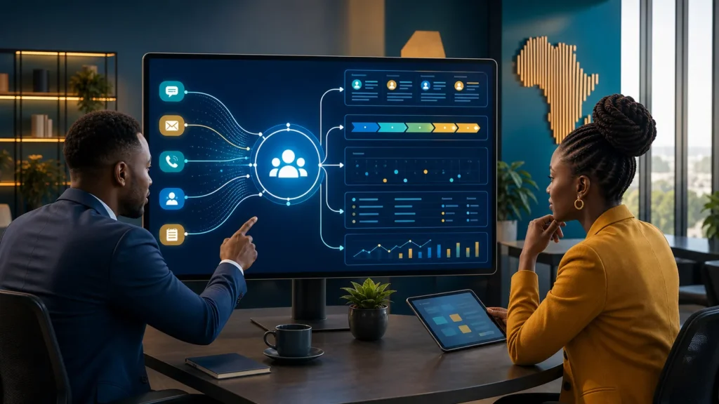 African sales and service team organising customer information in a connected CRM workflow
