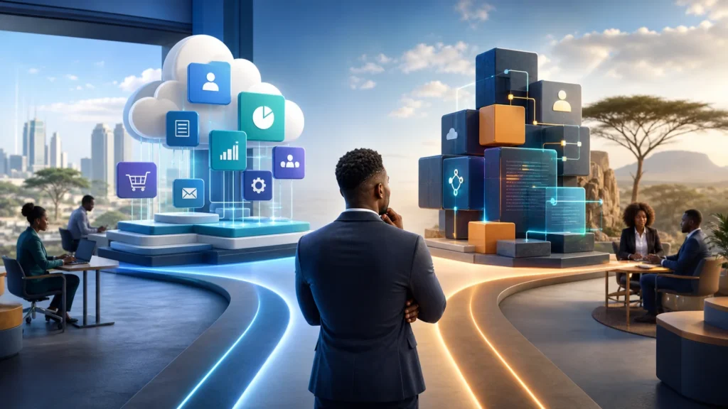African business leader comparing SaaS applications with tailored custom software for growth