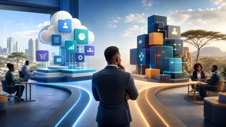African business leader comparing SaaS applications with tailored custom software for growth