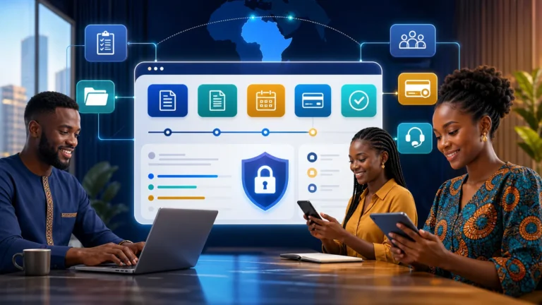 African service team and customers using a secure portal for requests, documents, payments and status updates