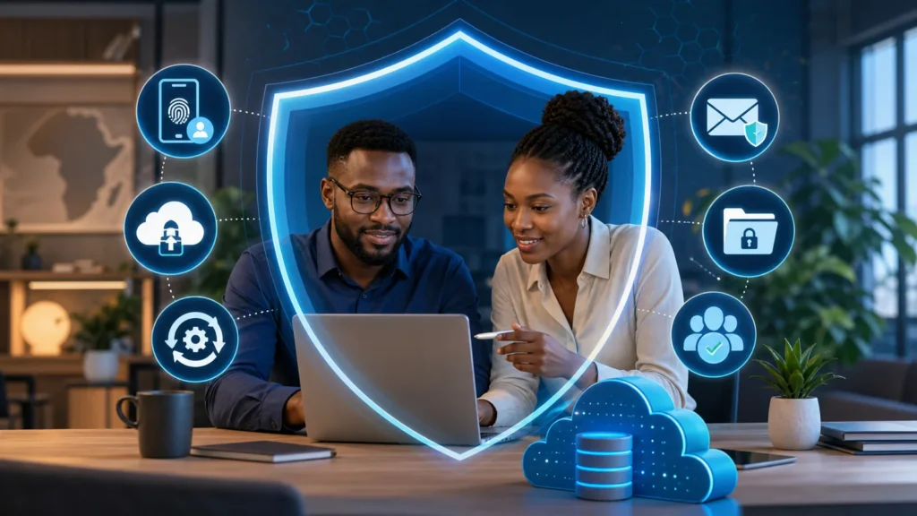African small-business team applying layered cybersecurity controls to devices, cloud systems and company data