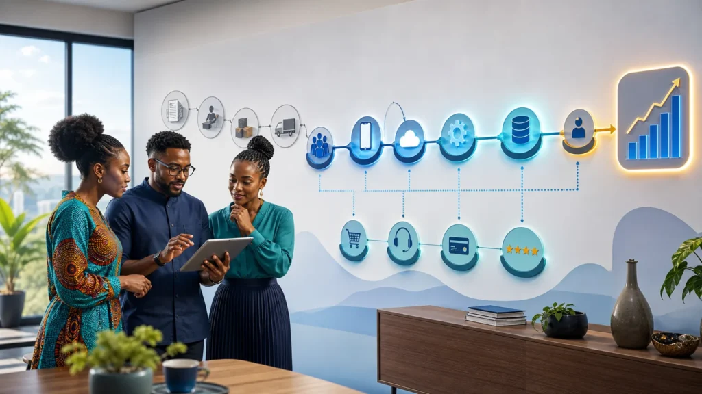 African SME leadership team mapping a digital transformation roadmap from manual work to connected systems