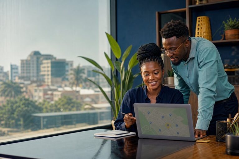 African business owners reviewing local search visibility on a laptop