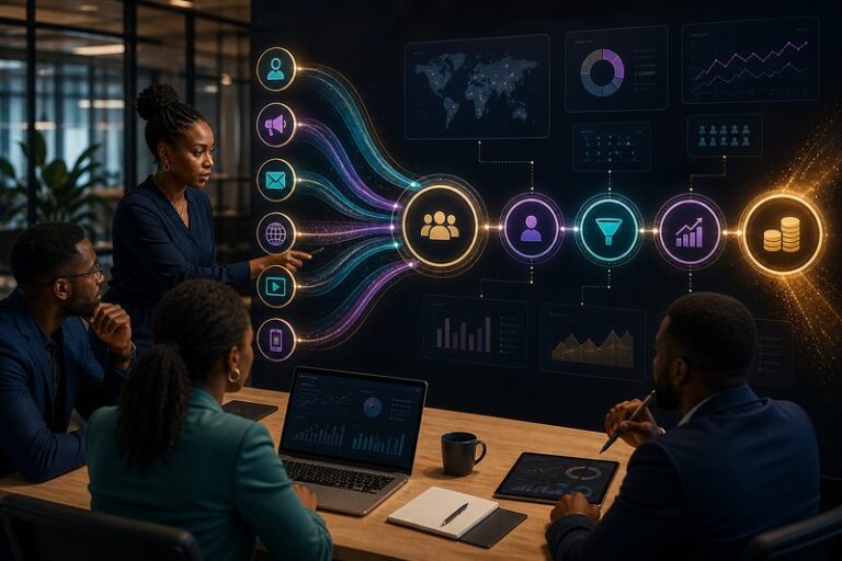 Marketing and sales team connecting campaign channels to CRM revenue results