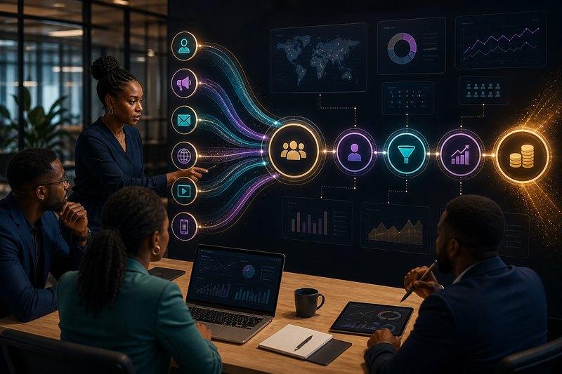 Marketing and sales team connecting campaign channels to CRM revenue results