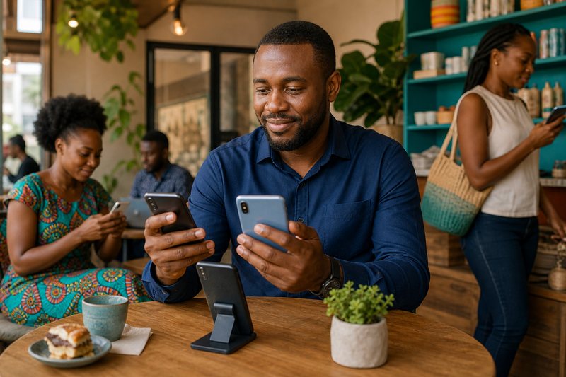 African entrepreneur testing a mobile-first website on several smartphones