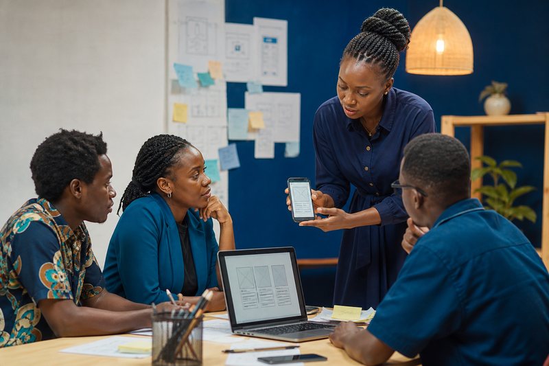 African startup founder testing a simple mobile product prototype with users