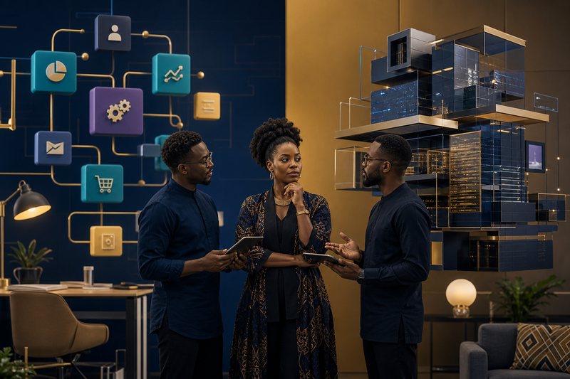 African founder comparing modular no-code automation with custom software architecture