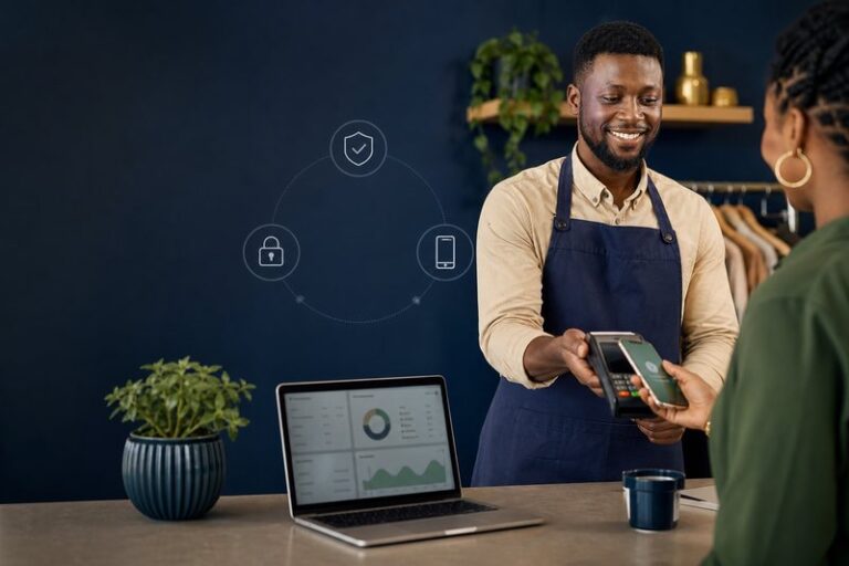 African merchant accepting a secure mobile payment at a retail counter