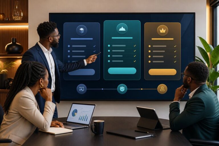 Business team comparing clear pricing plans and customer value on a modern website