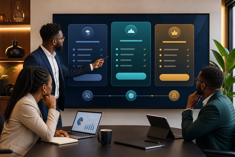 Business team comparing clear pricing plans and customer value on a modern website