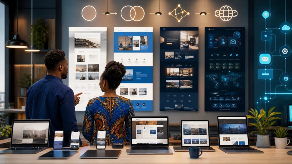 African business owner and web specialist comparing professional website scope and investment