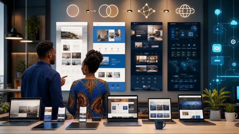 African business owner and web specialist comparing professional website scope and investment