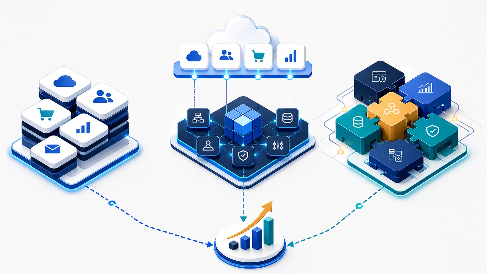 Visual comparison of SaaS tools, custom modules and a hybrid software architecture leading to business growth
