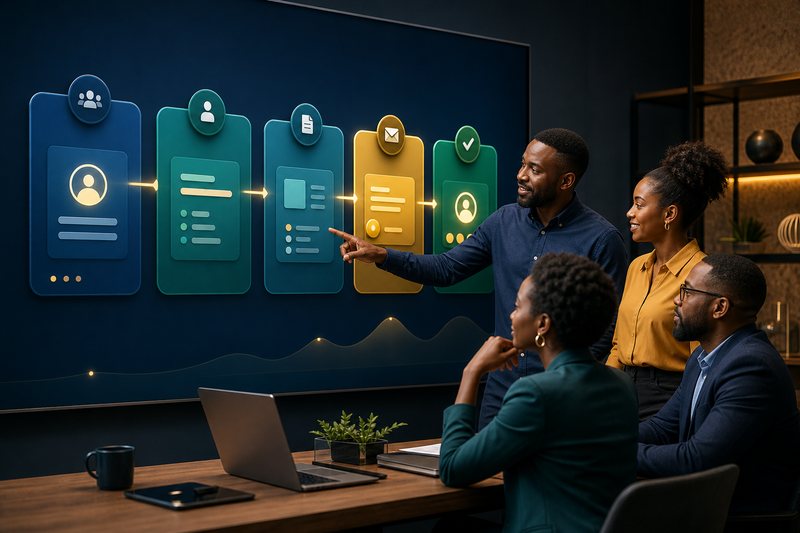 African sales team reviewing an automated lead-to-customer pipeline