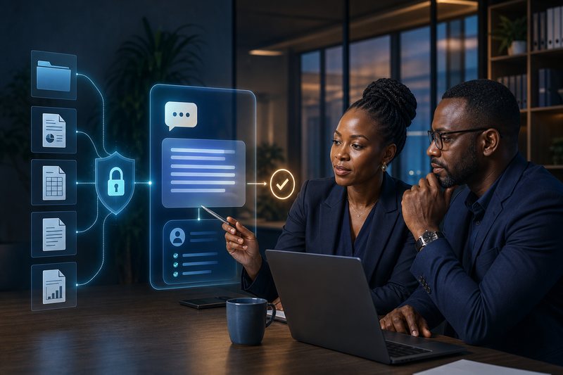 African business leaders reviewing a secure AI assistant grounded in approved documents