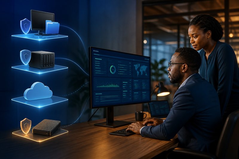 African IT team reviewing protected local, cloud and offline data backups