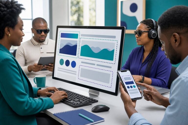 Diverse users testing an accessible business website with keyboard and screen reader tools