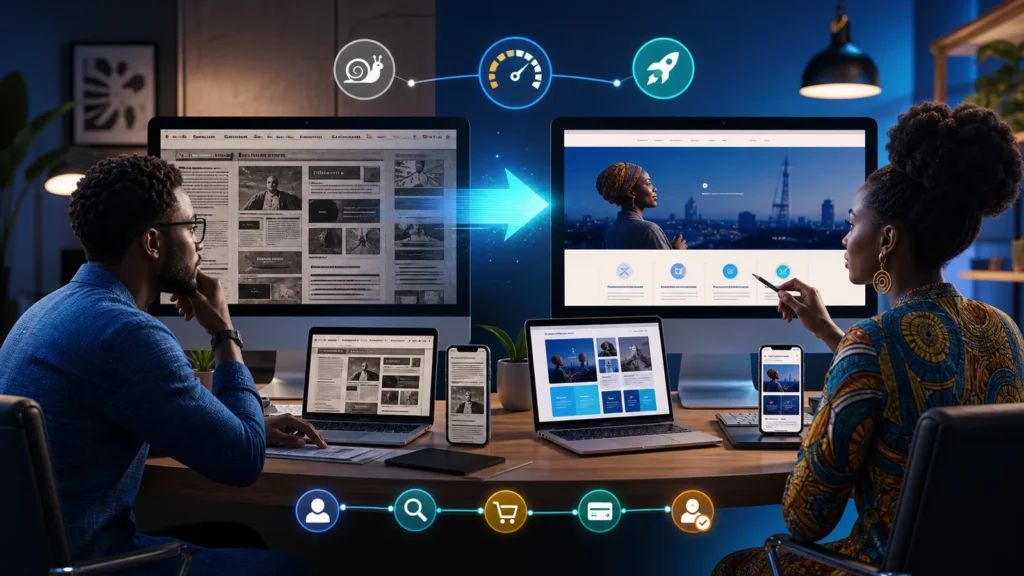 African business owner and web designer comparing an outdated website with a modern responsive redesign