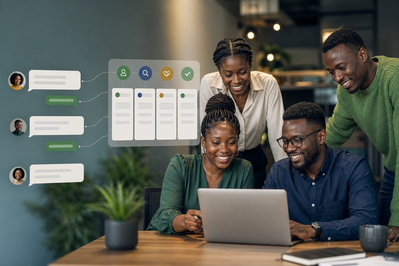 African customer service team connecting business chats to a sales pipeline